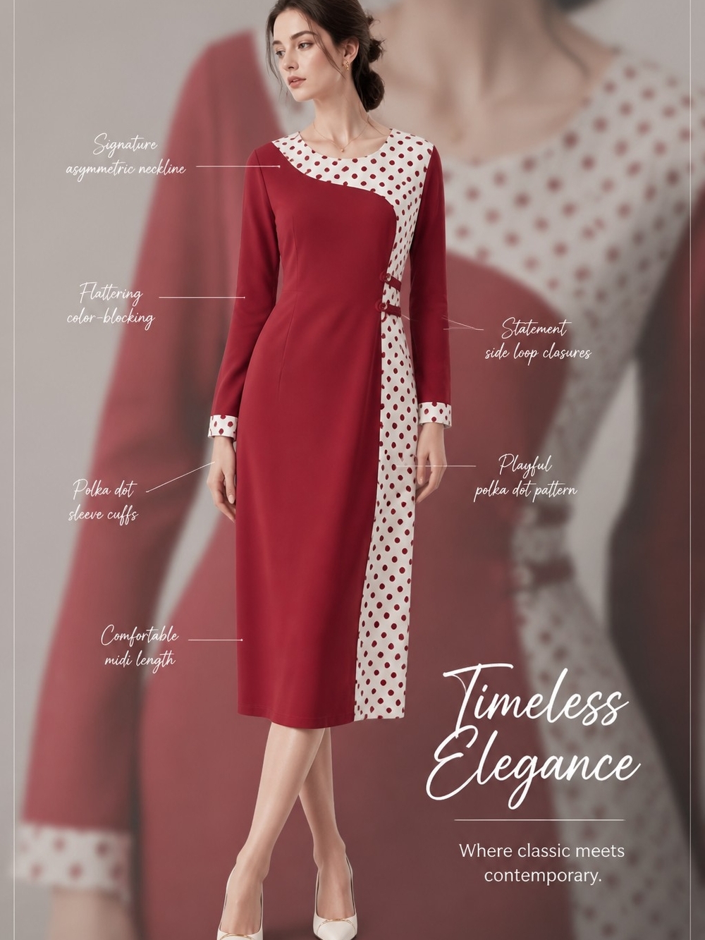 Timeless Asymmetric Polka Dot Midi Dress in Burgundy